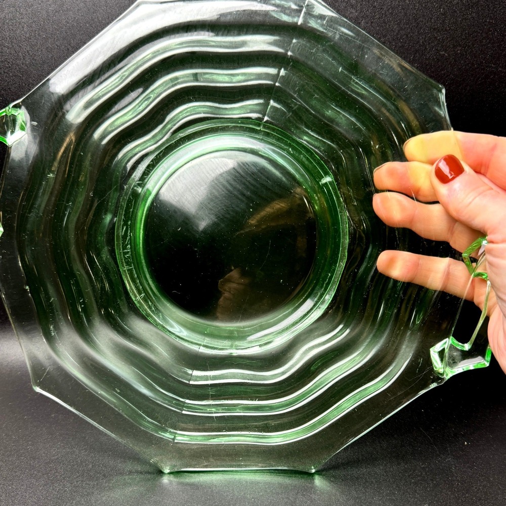 Jenkins Ocean Wave Uranium Glass Handled Cake Plate Platter #190 Depression - Picture 16 of 16
